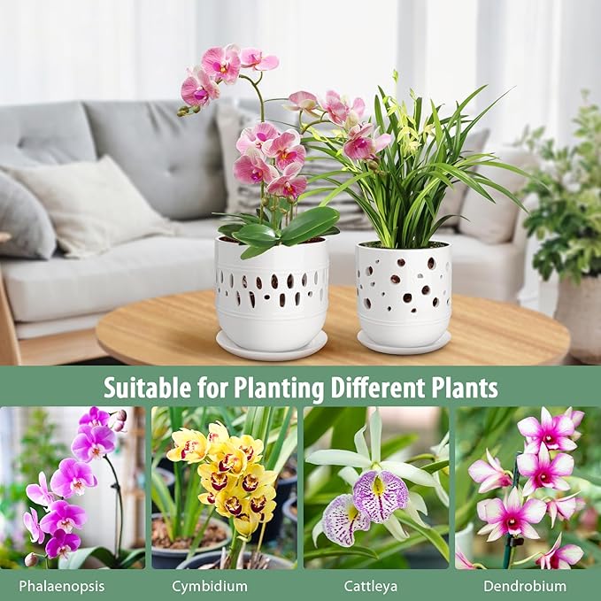 Set of 2 Orchid Pot, 5+6 Inch Orchid Pots with Holes, Orchid Pots for Repotting, Ceramic Flower Pots with Drainage and Tray, Planters for Indoor/Outdoor Plants - White