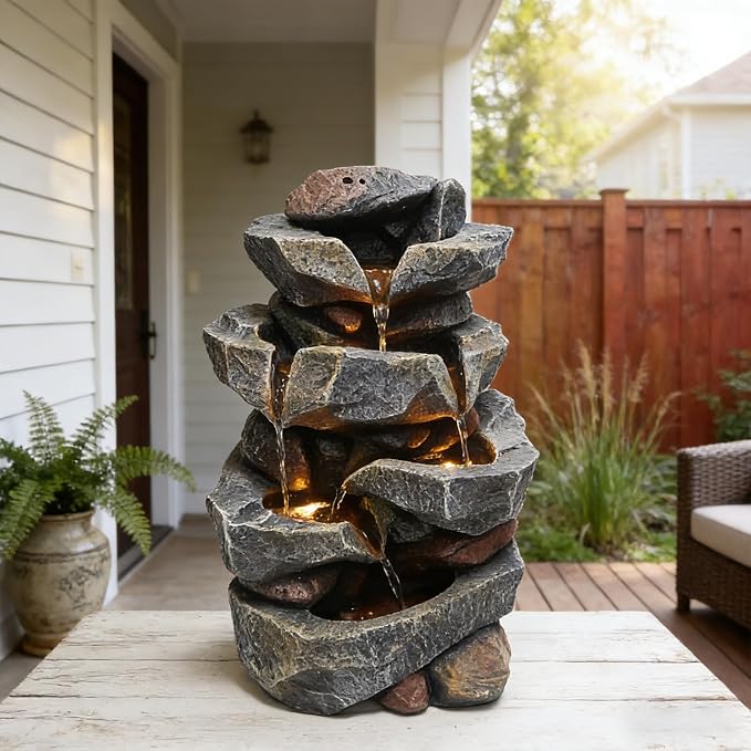 TOLATR 4-Tier Natural Rock Tabletop Waterfall Fountain - Indoor Outdoor Resin Water Fountain with LED Lights, 11.42" L x 8.27" W x 18.31" H for Garden, Patio, Home, Office, Porch Landscaping