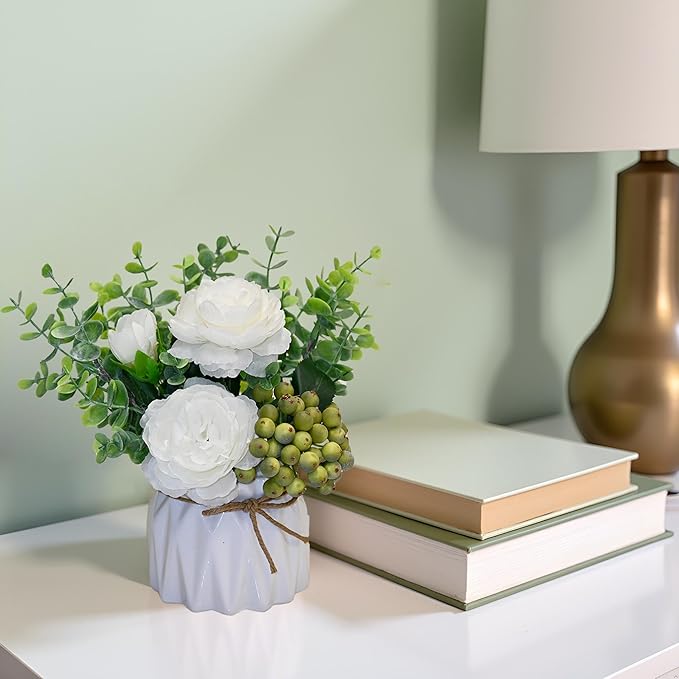 LADADA Artificial Flowers with Vase – White Peony Fake Floral Arrangement with Eucalyptus Leaves and Green Berries for Tabletop Decor, Bathroom, Bedroom, Office Desk Decor