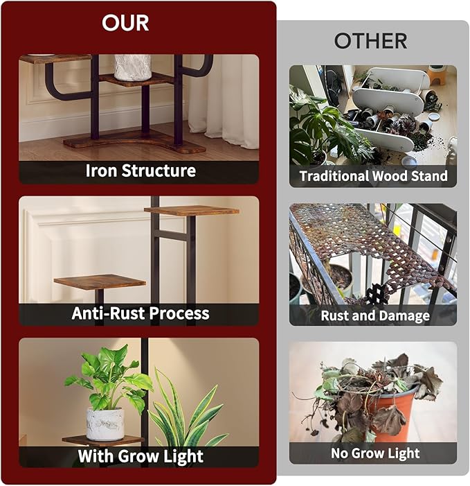 Homsorout Corner Plant Stand with Grow Light - 6 Tier Plant Stand Indoor Square Metal Plant Shelf with Adjustable Light, Plant Organizer for Living Room, Graden, Home Decor (Brown)