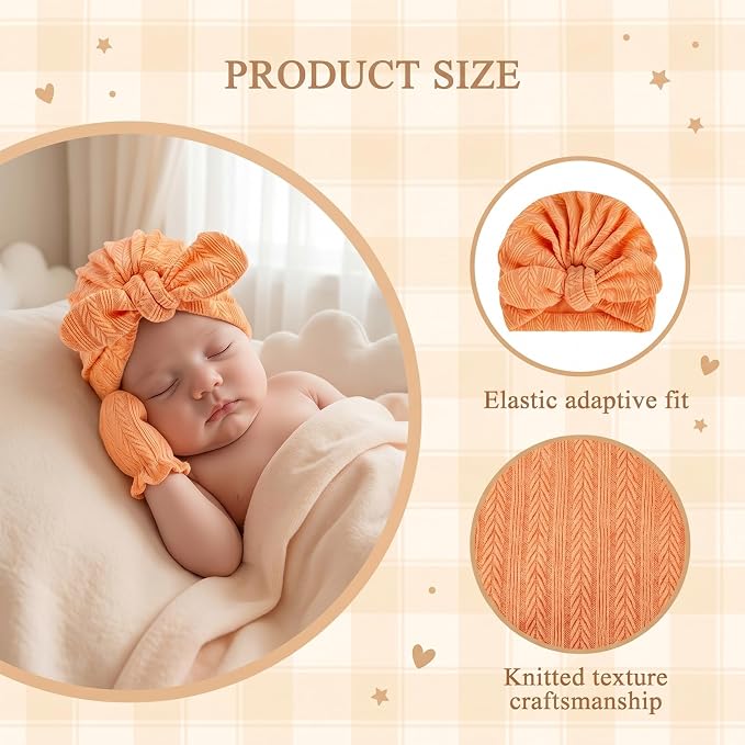 8 Sets Cotton Newborn Hats and Mittens,Ribbed Preemie Baby Girl Turban Beanie Cap with Top Bow Knot, No Scratch Gloves for 0-3 Months Hospital Bag Essentials.Wheat Patterned White/Pink/Apricot