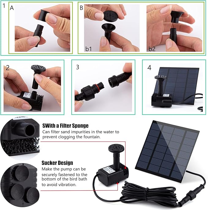 Solar Fountain Pump Kit with Separate Solar Panel, 1.8 W Upgraded Solar Water Pump with 9.84FT Cable & 4 Nozzles Solar Water Fountain for Bird Bath,Pond, Patio Garden Water Pump with Built-in Filter