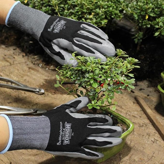 Brussel’s Bonsai Nitrile Tough Gardening Gloves – Durable Nitrile Coated Gloves – Black, Pair, XL