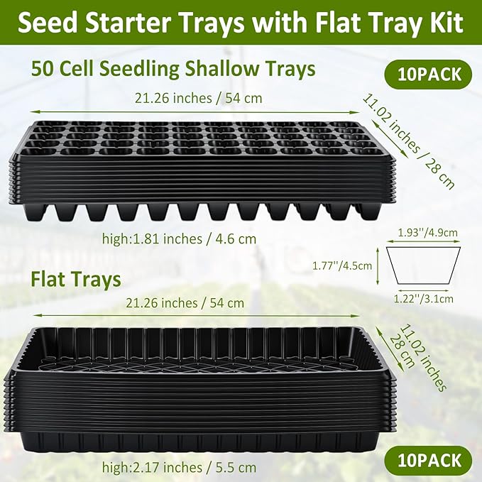 Vesici 20 Pack Seed Starter Trays, 50 Cell Seedling Trays with 1020 Flat Tray, Deep Plug Nursery Plant Pots for Germination, Water Collection, Indoor Outdoor Seed Starting & Transplanting