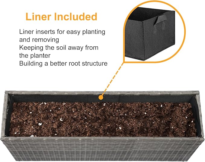 SUNNYPARK Gray Rectangular Planter Box All-Weather PE Rattan Large Modern Planters with Removable Liner Indoor Outdoor Decorative Flower Pot for Patio, Balcony, Garden