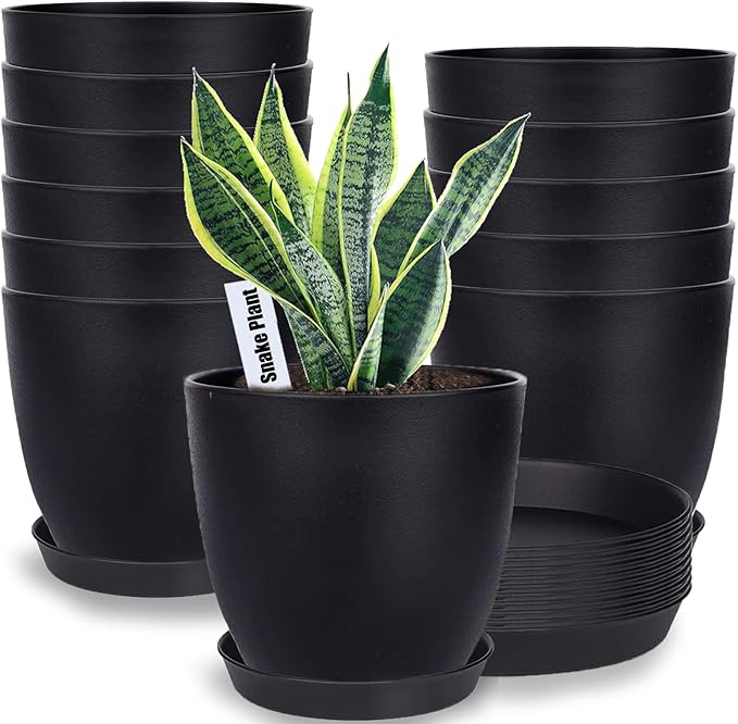 SwinDuck Plant Pots, 12 Pack 6 inch Modern Plastic Planters with Drainage Holes and Saucers for Indoor Outdoor Plants and Flowers, Black