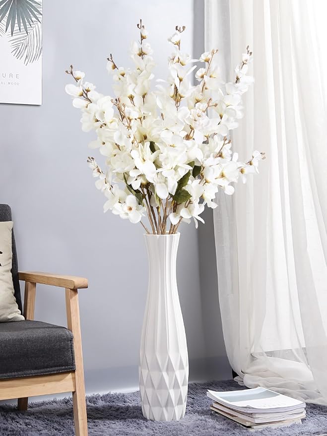 6PCS White Delphinium Artificial Flower Lifelike Larkspur Silk Flowers Plant 35.43'' Long Stem Blossoms Fake Flowers for Tall Vase Floral Arrangements Home Table Wedding Decor(White)