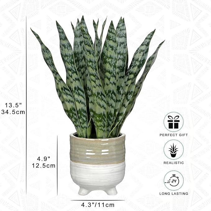 Hollyone Fake Snake Plant 13.5 Inch Large Artificial Snake Plant Potted with Ceramic Pot Faux Sansevieria Plant for Home Office Room Indoor Decor Housewarming Gifts