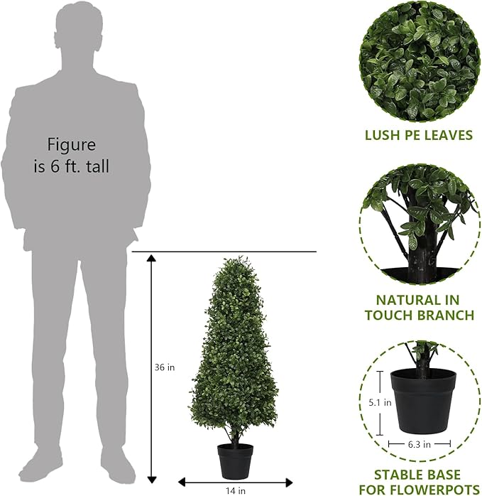 3ft Artificial Boxwood Topiary Trees (Set of 2) - UV Resistant Faux Plants Outdoor, Realistic 36" Fake Cone Bushes and Shrubs for Front Porch, Planter, Patio, Evergreen
