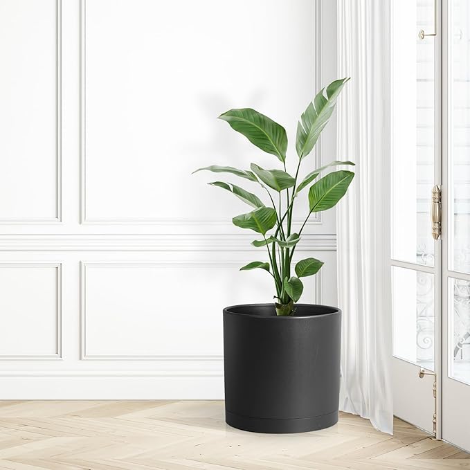 WSMKSZ 12 inch Large Deep Plant Pots for Outdoor Indoor Plants, Tall Cylinder Flower Pots with Drainage Holes and Saucer, Big Decorative Plastic Planter Pots for Garden Porch House Plants, Black