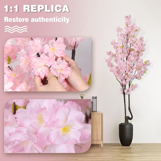 Artificial Pink Cherry Blossom Tree 7ft(84in) Faux Floor Green Plant for Indoor Decor Natural Potted Tree Realistic Cherry Flowers Wood Trunk for Home Living Room,Office Perfect Housewarming Gift