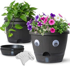 SUN-E 10 Inch Self Watering Planter Pots 3Pack-Dark Brown Realistic Wood Grain with Water Level Indicator, Drainage Holes&Saucer Whiskey Barrel Planters Plastic Flower Pots,Plants & Decor Not Included