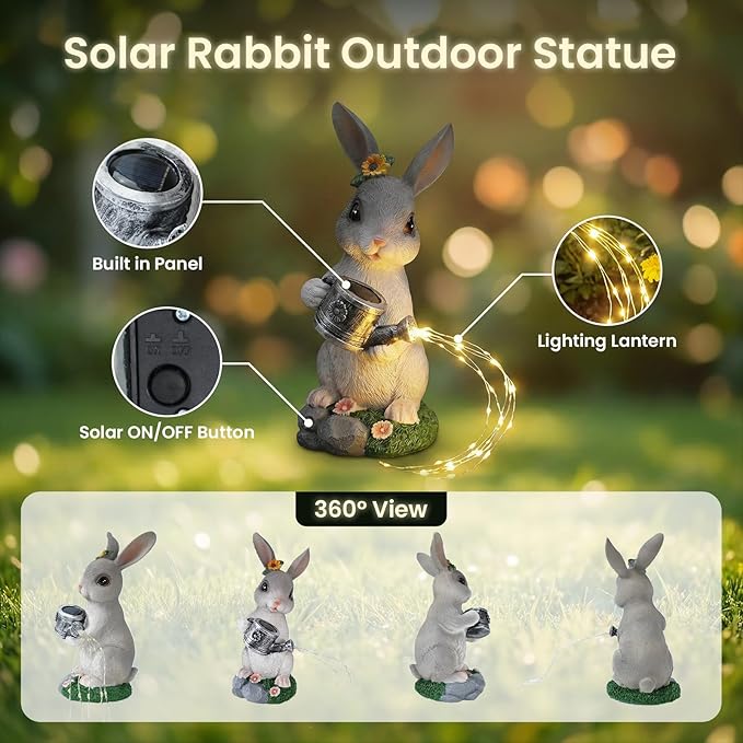 Solar Rabbit Garden Statues Outdoor Decor, Resin Rabbit Figurine Decorations with Solar Light, Whimsical Bunny Sculpture for Garden Patio, Balcony, Yard, Lawn Ornament