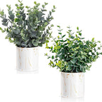 Taybonds Artificial Eucalyptus Plants in White Ceramic Pots, 2 Pack Faux Greenery Decor with Different Leaf Styles, Small Potted Plants for Shelf, Bathroom, Bedroom, Office Desk, 9.05" Tall