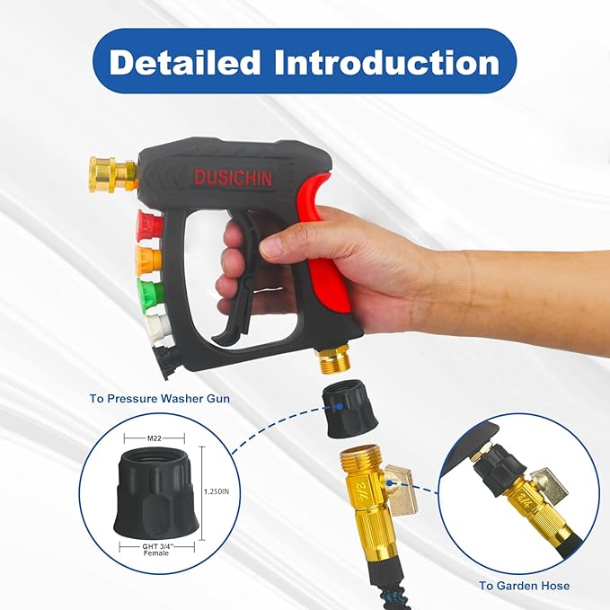 DUSICHIN Garden Hose Connector Pressure Washer Gun to Water Garden Hose Adapter, 3/4 INCHES GHT Male And Female to Power Washer Wand Handle M22 Female Fitting 3/4" GHT To M22 Joint DUS2623