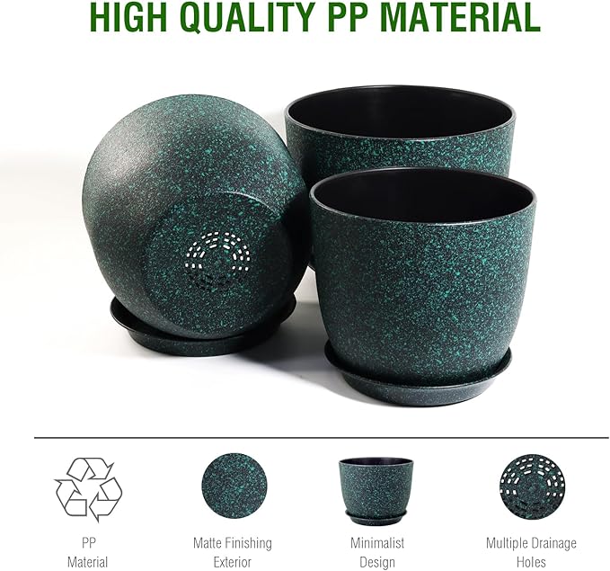 WSMKSZ Large Flower Pots 12/10/9 inch, Set of 3 Decorative Plastic Planters with Drainage Holes and Saucers for Garden House Plants, Plant Pots for Indoor Outdoor Plants, Black with Green Speckles