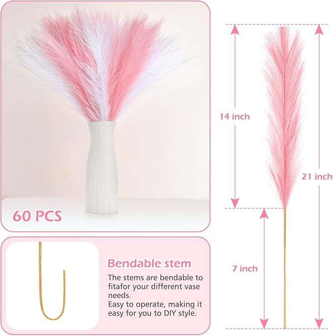 SeptCat 60 Pcs Pampas Grass Pink White Decor 21.7" Fluffy Faux Short Pampas Grass Artificial Small Pompas Grass Flower Vase Filler for Home Wedding Decoration