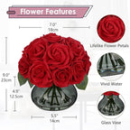 Hollyone Red Roses Artificial Flowers in Vase Silk Fake Rose Bouquet Flowers Floral Arrangements with Glass Vase with Faux Water for Home Bathroom Office Table Centerpiece Shelf Decorations
