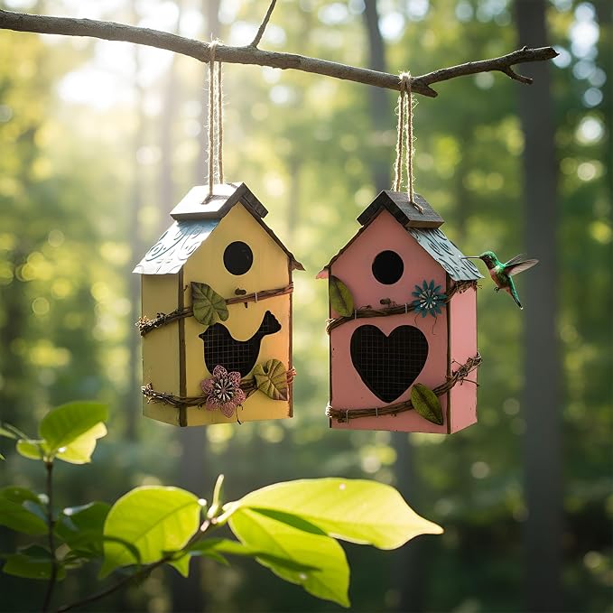 DoubleFill 2 Pcs Birdhouses for Outdoor Hanging Yard Outside Wooden Birdhouse Hand Painted Bird Box for Bird Lovers Bluebird Tree Garden Decor Decorative Birdhouse(Pink,Yellow,Iron Roof)