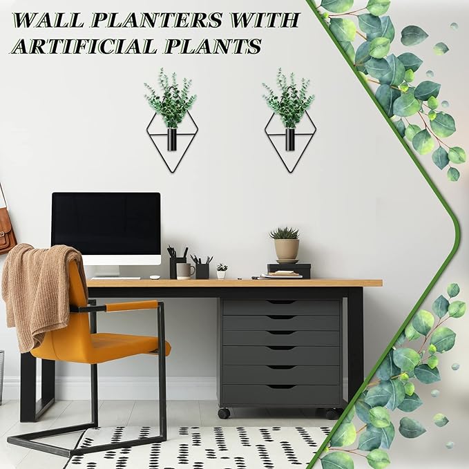 Canlierr 2 Pieces Wall Decor Hanging Planters with Artificial Plants Metal Hanging Vase Indoor Plants Holder Modern Boho Wall Art for Bathroom Bedroom Living Room Decor(Black,Eucalyptus)