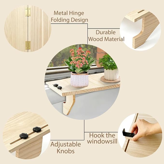 oyhqes Windowsill Plant Shelf Stands for Indoor Plants, 21.65 x 11.81 x 6.3 Inches, Floating Wooden Shelf with Brackets, No Drilling Required, Perfect for Cat Perch & Planters