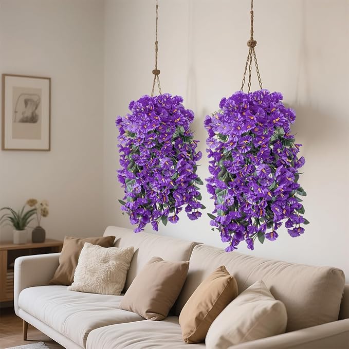 Artificial Flowers for Outdoors Fake Purple Morning Glory Hanging Flower Decoration, 2Pcs Realistic Faux Plants Petunias Long Trailing Vines,Spring Decor for Porch Patio Balcony Planter Yard