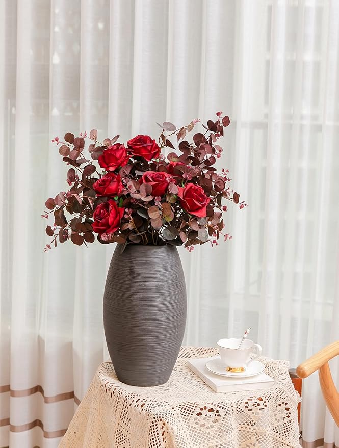 3Pcs Artificial Plants Silk Eucalyptus Leaves Tall 29" Eucalyptus Stems Branches Floral Arrangement Decoration, Artificial Plant Farmhouse Indoor Home Wedding Decor Wine Red