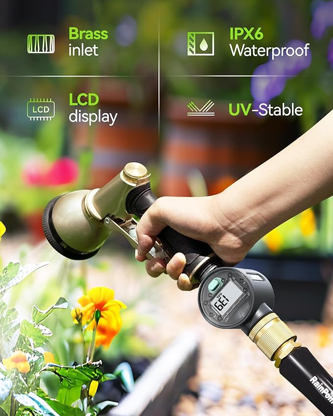 RAINPOINT Water Flow Meter with Brass Inlet, Water Meter for RV Tank Filling, Garden Hose Watering, Lawn Sprinkler & Nozzle Sprayer, ±5% Accuracy, Max Measured Consumption of 9999.9 Gallon/Liter