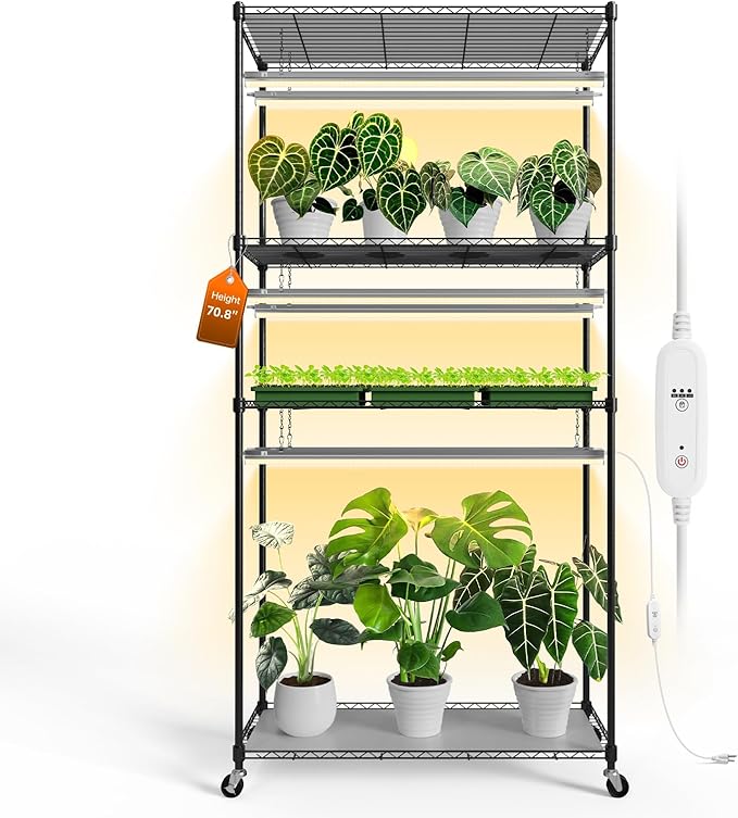 Bstrip Plant Shelf with Grow Light, Tall Grow Light Shelf, Plant Stand with 6 Pack 90W Full Spectrum Plant Lights for Indoor Plants, Seed Starting, Seed Tray, 35.4" Lx13.8 Wx70.8 H