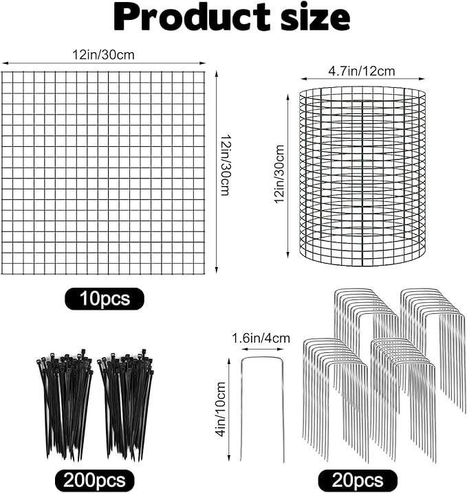 YEXEXINM 10 Pack 12" H X 4" D Wire Small Plant Protector from Animals, 10 PCS Small Metal Plant Cage Chicken Wire Cloche with Ground Stakes and Nylon Tie to Keep Animals Out, Garden Protection