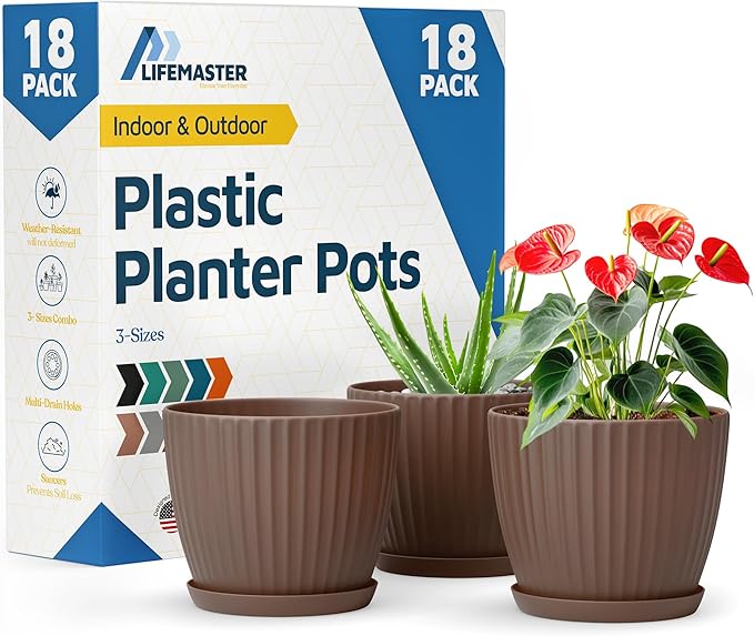 Brown 6-Inch Plant Pots with Drainage & Saucers 18 Pack, Indoor & Outdoor Planters for Houseplants, Herbs, and Flowers, Durable & Weatherproof Material, Stackable, Lightweight, Minimalist Design