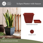 The HC Companies Eclipse Square Plastic Planter w/ Attached Saucer - Outdoor & Indoor Plant Pot with Drainage Holes - Lightweight, UV-Resistant Plastic Pots For Plants (12" Clay, Pack of 1)