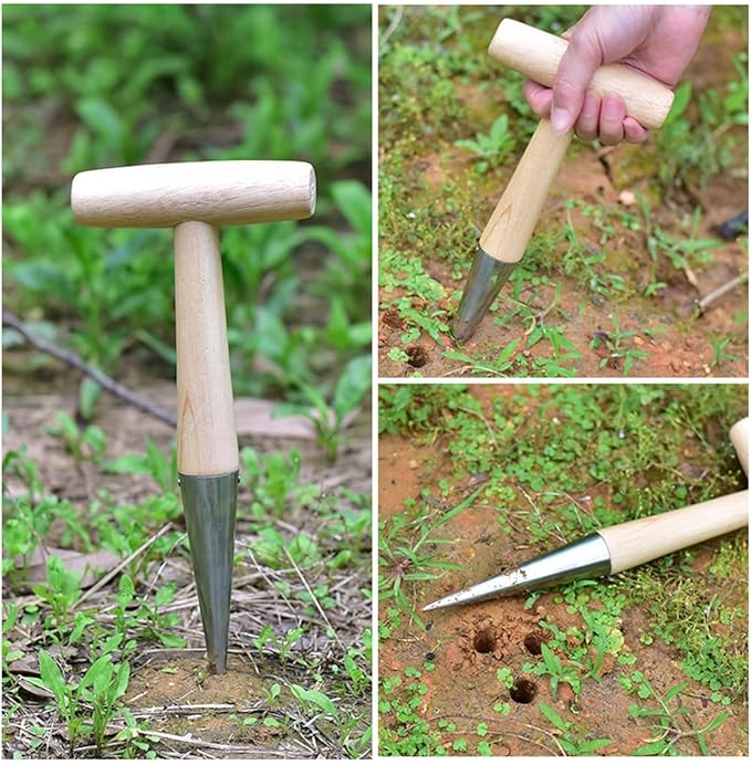 Hand Dibber, Stainless Steel Sow Dibbler with Wood Handle, Garden Hole Punch Dibbler Tool for Planting Seeds & Bulbs, Hand Held Bulb Planter for Planting Flowers Tulips, Daffodils, Dahlias