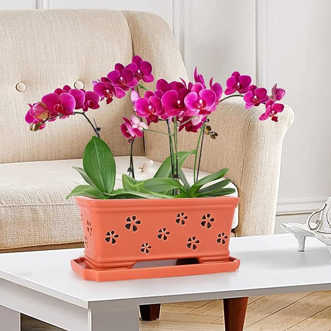 12 * 6.3 * 5.3 Inch Rectangle Ceramic Orchid Pot with Holes & Saucer - Red Effective Drainage & Ventilation for Indoor Orchids