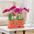 12 * 6.3 * 5.3 Inch Rectangle Ceramic Orchid Pot with Holes & Saucer - Red Effective Drainage & Ventilation for Indoor Orchids