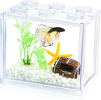Small Betta Fish Tank, Stackable Mini Fish Tank Tiny Aquarium Tank Kit with Aquarium Gravel & Resin Decorations, 0.6 Gallon Cube Desktop Fishbowl for Snails, Crabs, Starfish (Clear)