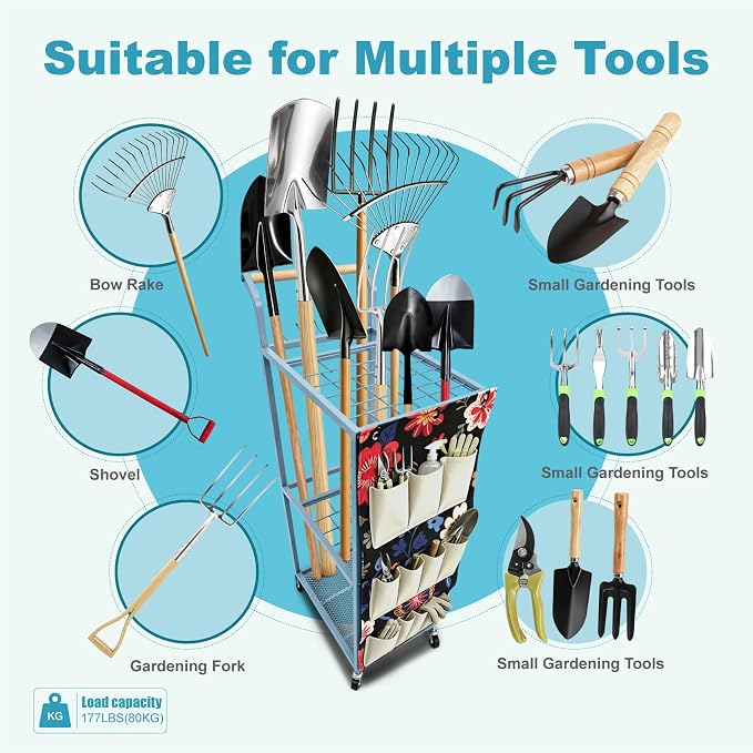 Garden Tool Organizer with Wheels Heavy Duty Yard Tool Organizer Rack with Side Storage Pockets Sturdy Metal Steel Holder with 6 Hooks for Garage, Yard, Patio, Shed