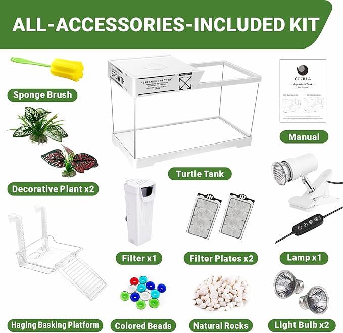GOZILLA Aquatic Turtle Tank Kit+Lamp+Filter, Upgrade PC Turtle Tank Starter Kit with Adjustable Lamp & Filter,Reptile Habitat with Lid,Hanging Platform for Small Reptiles.(15.75×7.9×9''/White Kit)