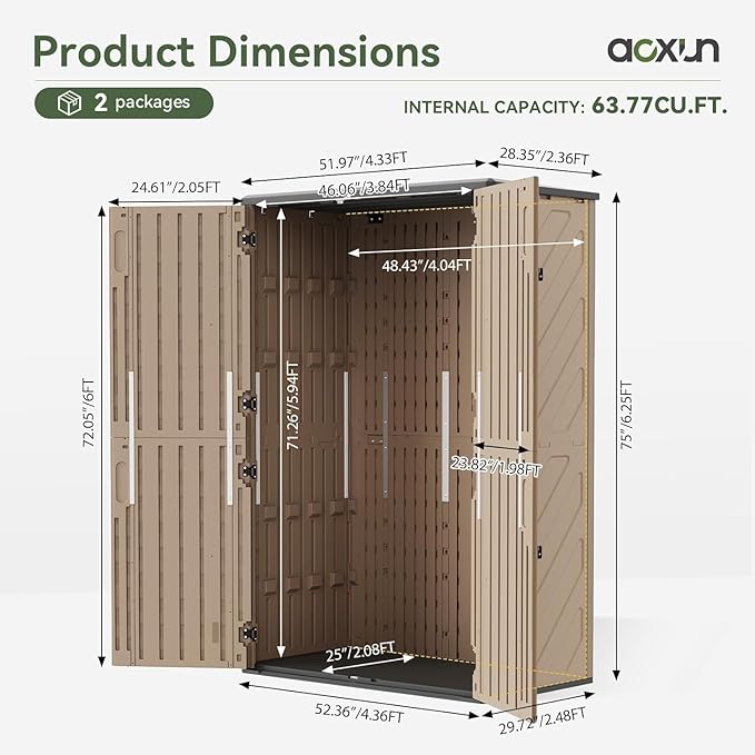 Aoxun Outdoor Storage Shed, 64 Cu.Ft Vertical Storage Sheds Outdoor with Floor, Outdoor Waterproof Storage Cabinet for Garage Storage, Pool Storage (Brown)