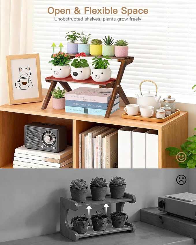 2 Tier Small Wood Plant Stand for Desktop, X-Frame Windowsill Plant Shelf Indoor, Table Top Mini Ladder Flower Pot Holder Display Rack for Succulent, Herbs, Decorations, Kitchen Spices