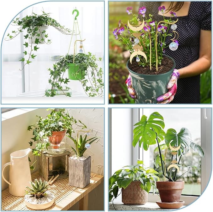 3Pcs Small Metal Trellis Gold Plant Support Stake Brass Plant Stake Cute Plant Decoration with Sun Moon Pendant for Garden Potted Plant Hoya Pothos Flower Monstera