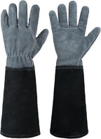 HANDLANDY Long Gardening Gloves for Men & Women, Cowhide Leather Rose Pruning Gloves, Breathable Thorn Proof Gauntlet Glove (Slate Gray, L)