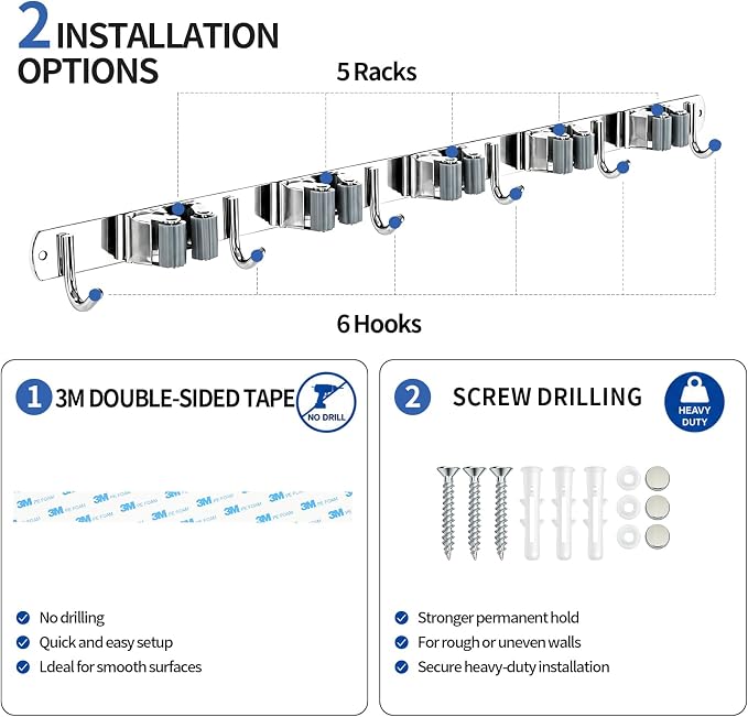 5 Racks and 6 Hooks Mop and Broom Holder Wall Mount, 304 Stainless Steel Broom Hanger Organizer for Home Kitchen Garden Laundry Garage