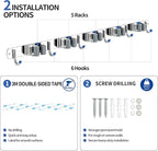 5 Racks and 6 Hooks Mop and Broom Holder Wall Mount, 304 Stainless Steel Broom Hanger Organizer for Home Kitchen Garden Laundry Garage