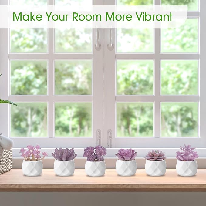 ZINHO Fake Succulent Plant Set 6 PCS Artificial Succulent Plants for Desk Realistic Faux Succulents in Plastic Pots Mini Colorful Succulent Decor for Bedroom Bathroom Office Shelf Decor (Purple)