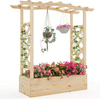HAPPYGRILL Raised Garden Bed with Trellis, Wood Planter Box w/Hanging Roof, Drainage System, Elevated Garden Box for Climbing Vine, Outdoor Planter w/Trellis for Patio Balcony, 44" x 14" x 45"