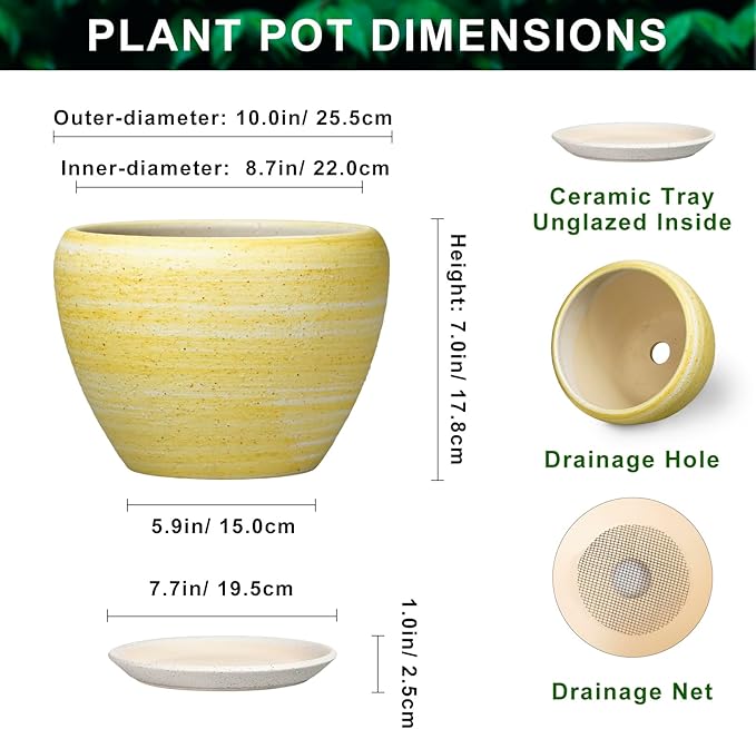 Ceramic Planter 10 Inch - Ceramic Pots for Plants Indoor Outdoor, Modern Plant Pots with Drainage Hole and Saucer, Round Decorative Planter, Bedroom Decor, Gardening Gifts, Textured Yellow