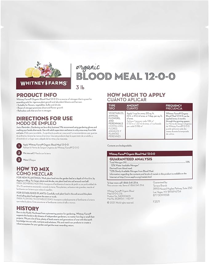Whitney Farms Organic Blood Meal 12-0-0 - Nitrogen Fertilizer for Growth in Flowers, Vegetables, Bulbs, Trees and Shrubs, 3 lb.