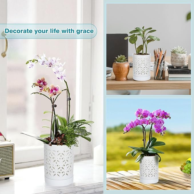 mwellewm Orchid Pot with Holes Ceramic Plant Pots Indoor Outdoor Flower Pots for Repotting with Drainage and Saucer 4 Inch Breathable Slotted Orchids Planter (White)