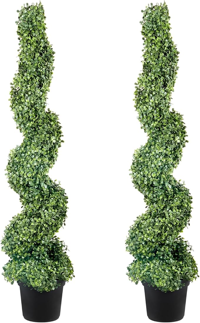 VEVOR Artificial Boxwood Spiral Topiary Trees, 4ft Tall (2 Pieces) Faux Plant Outdoor, All-Year Green Fake Plant with Replaceable Leaves for Decorative/Indoor/Porch/Garden